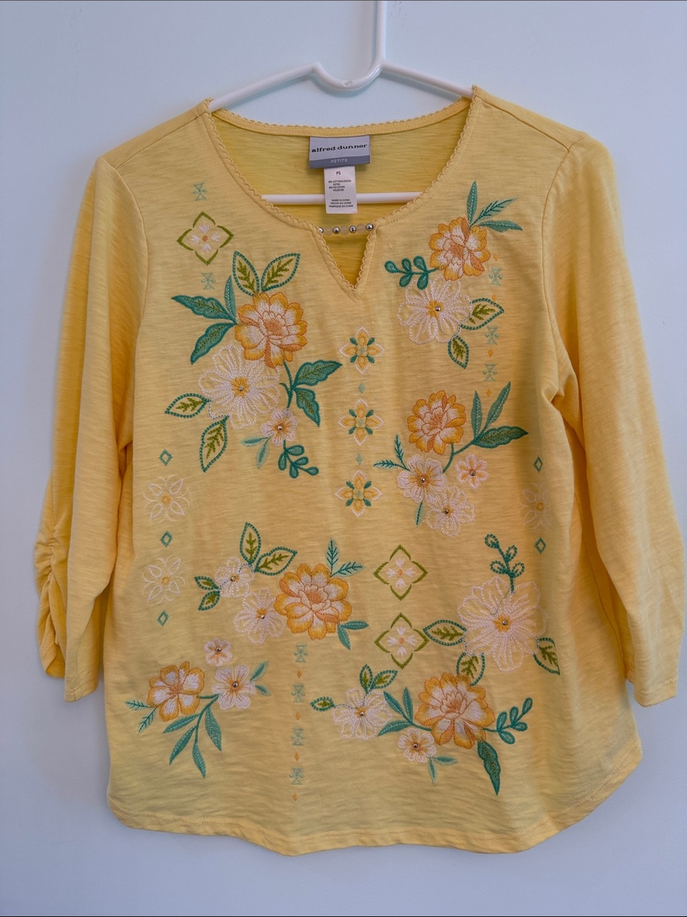 Alfred Dunner Yellow Floral Embroidered Women's Top